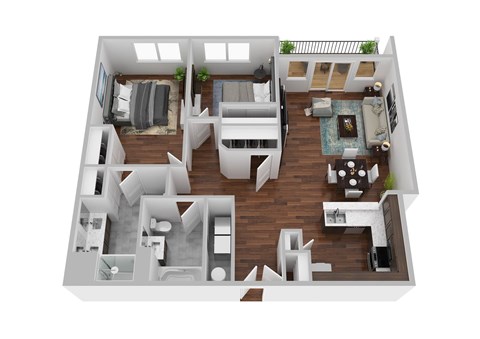 A 3D floor plan of a house with multiple rooms and furniture.
